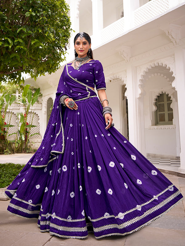 Purple Bandhani Print Pure Chanderi Lehenga Choli With Dupatta
