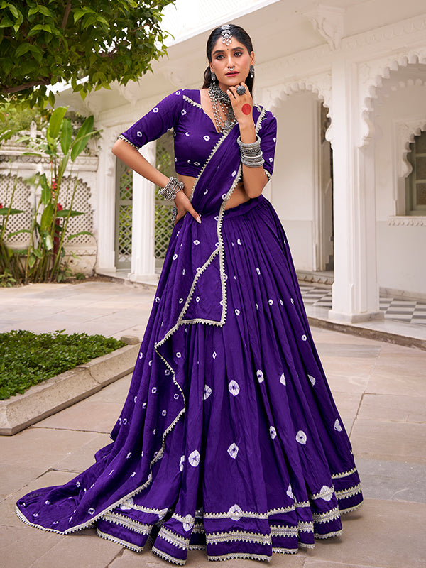 Purple Bandhani Print Pure Chanderi Lehenga Choli With Dupatta