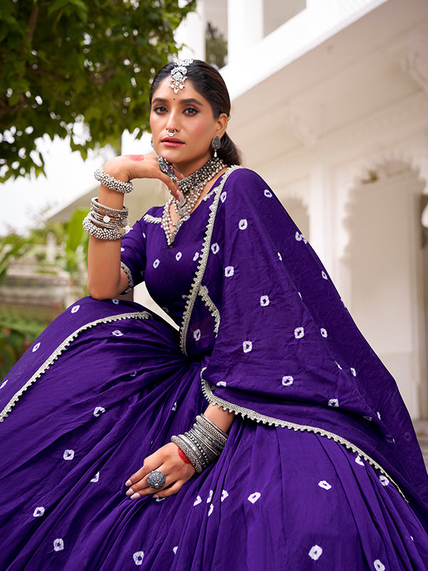 Purple Bandhani Print Pure Chanderi Lehenga Choli With Dupatta
