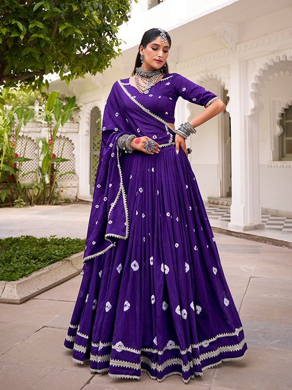 Purple Bandhani Print Pure Chanderi Lehenga Choli With Dupatta