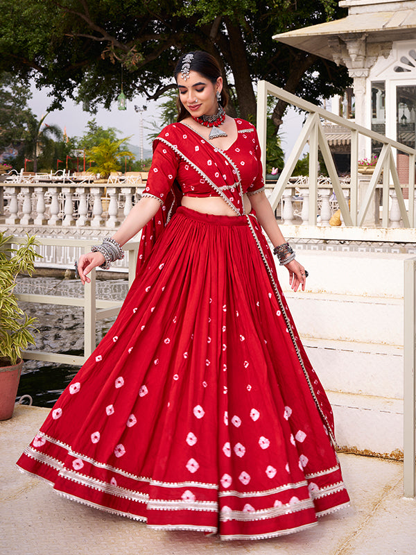 Red Bandhani Print Pure Chanderi Lehenga Choli With Dupatta