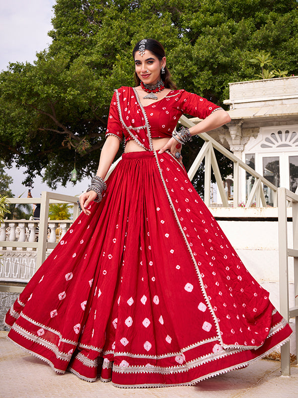 Red Bandhani Print Pure Chanderi Lehenga Choli With Dupatta