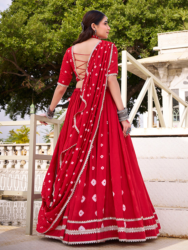 Red Bandhani Print Pure Chanderi Lehenga Choli With Dupatta