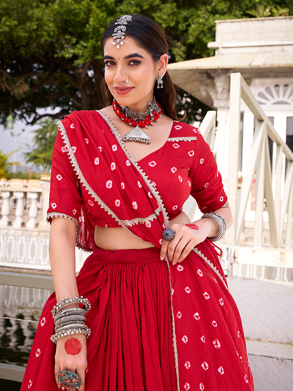 Red Bandhani Print Pure Chanderi Lehenga Choli With Dupatta