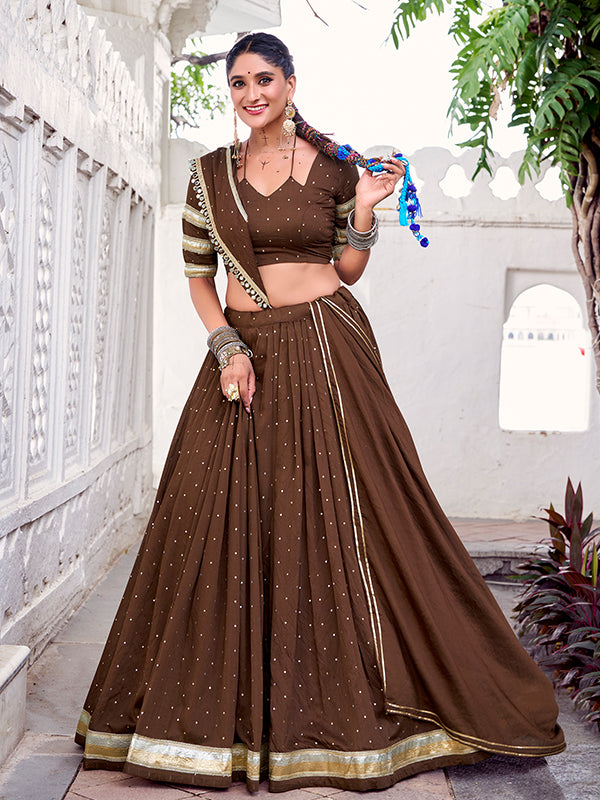 Brown Pure Chanderi Zari Weaving Lehenga Choli With Dupatta