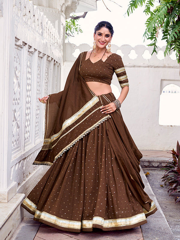 Brown Pure Chanderi Zari Weaving Lehenga Choli With Dupatta