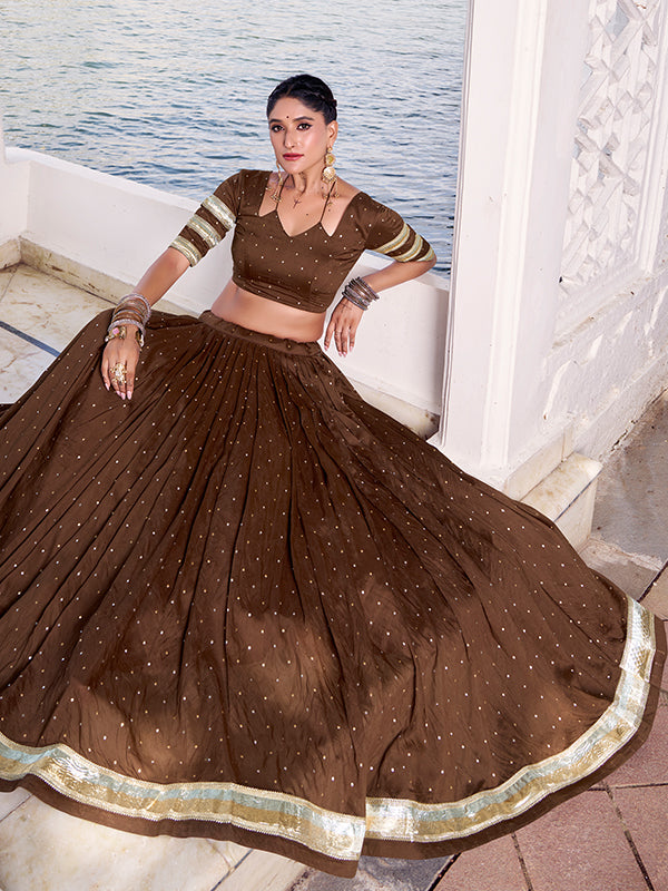Brown Pure Chanderi Zari Weaving Lehenga Choli With Dupatta
