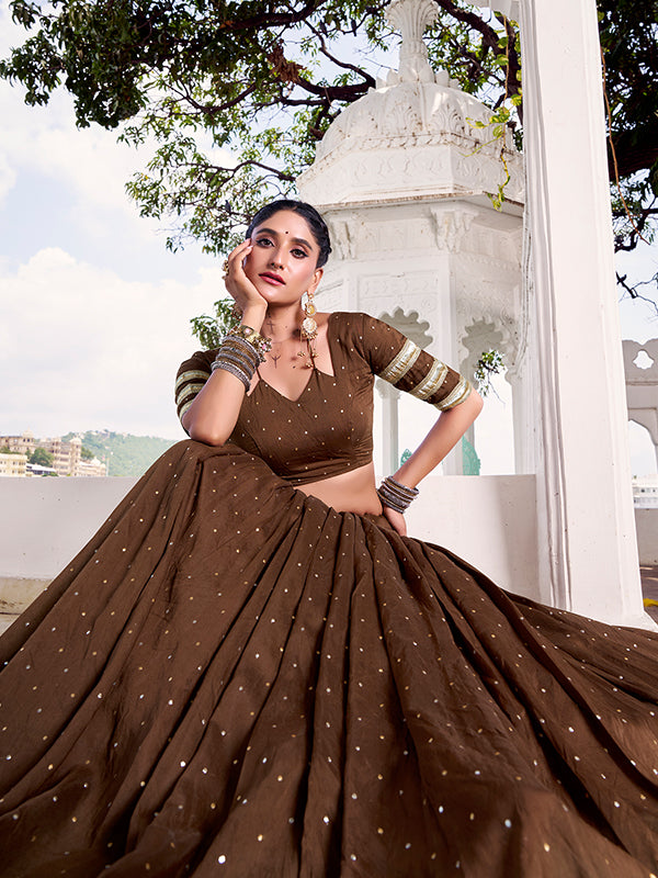 Brown Pure Chanderi Zari Weaving Lehenga Choli With Dupatta