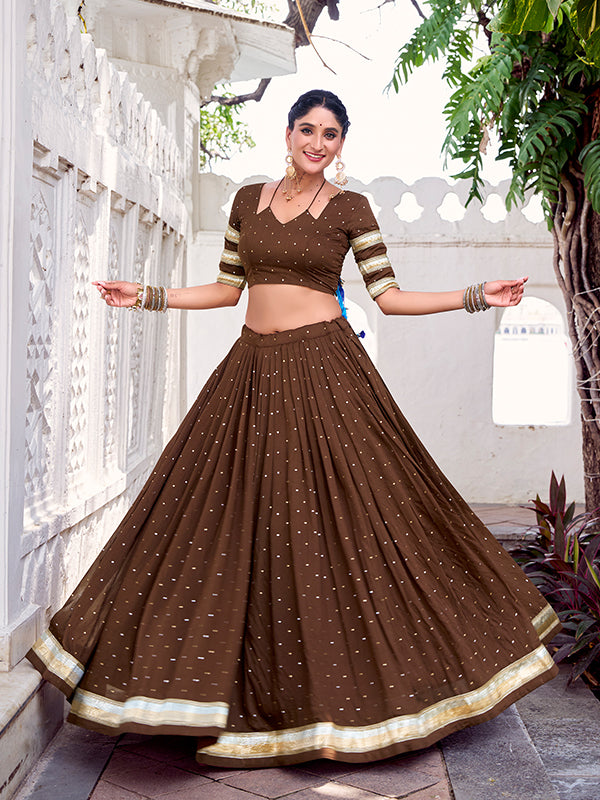 Brown Pure Chanderi Zari Weaving Lehenga Choli With Dupatta