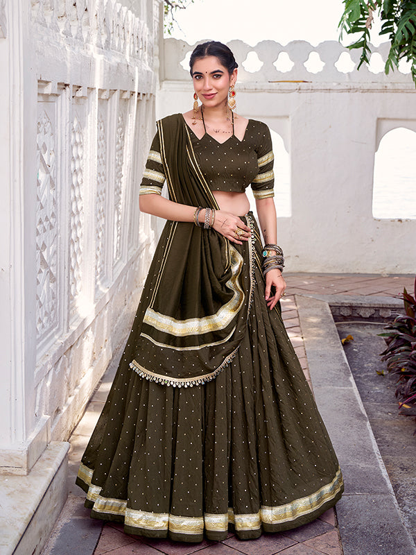 Mehndi Green Pure Chanderi Zari Weaving Lehenga Choli With Dupatta