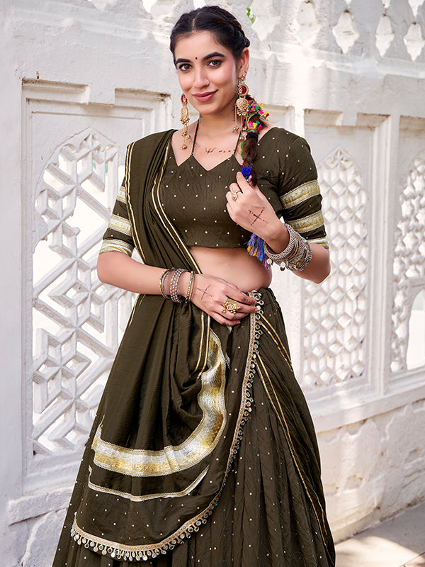 Mehndi Green Pure Chanderi Zari Weaving Lehenga Choli With Dupatta