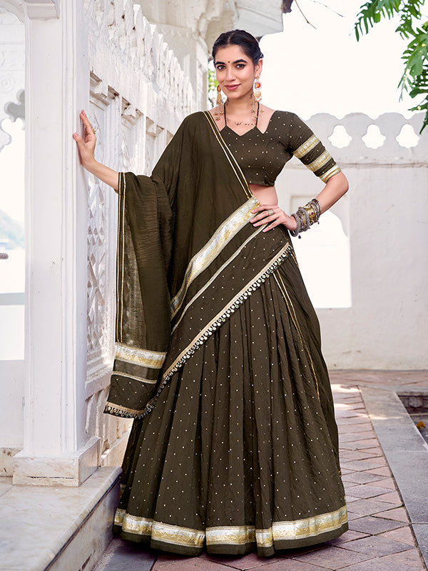 Mehndi Green Pure Chanderi Zari Weaving Lehenga Choli With Dupatta