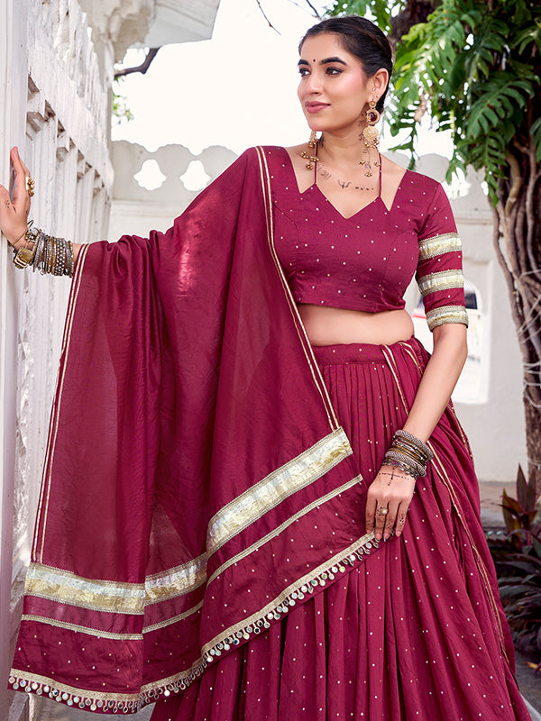 Maroon Pure Chanderi Zari Weaving Lehenga Choli With Dupatta