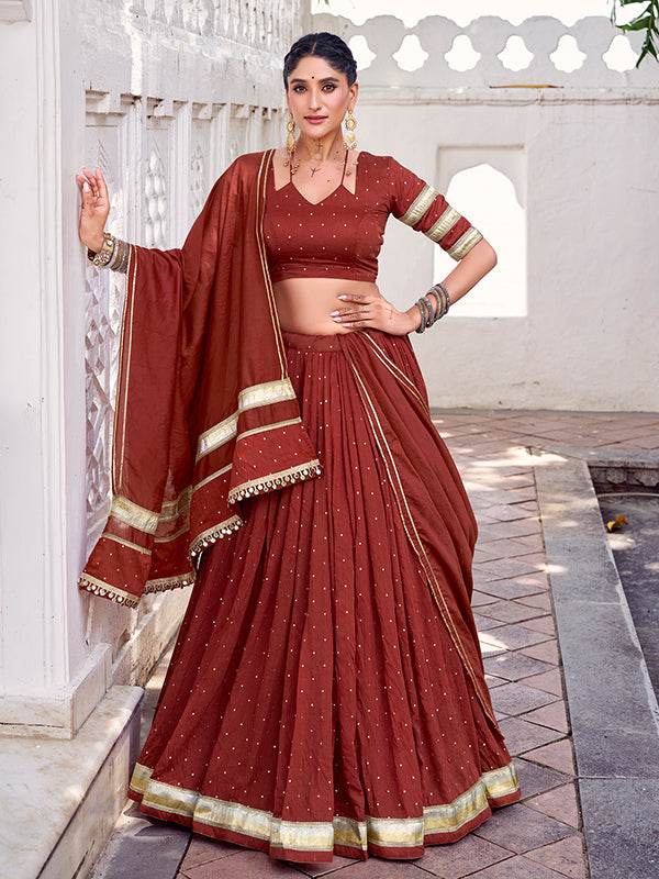 Rust Orange Pure Chanderi Zari Weaving Lehenga Choli With Dupatta