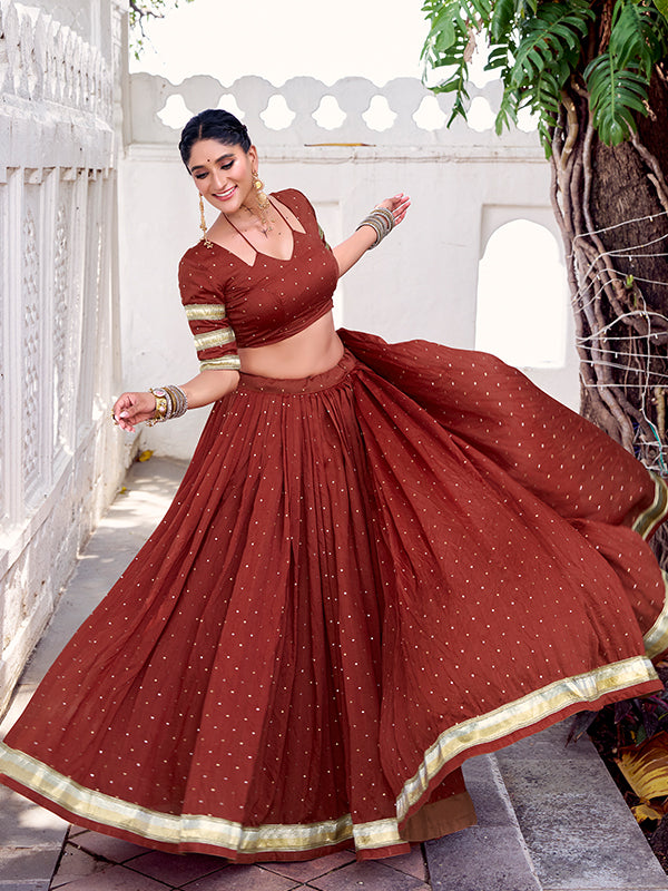 Rust Orange Pure Chanderi Zari Weaving Lehenga Choli With Dupatta