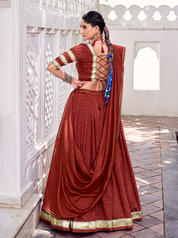 Rust Orange Pure Chanderi Zari Weaving Lehenga Choli With Dupatta