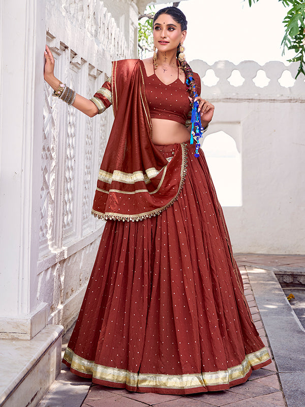 Rust Orange Pure Chanderi Zari Weaving Lehenga Choli With Dupatta