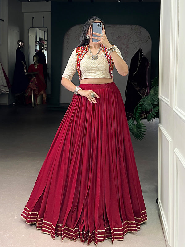 Maroon Embroidery Work Cotton Blouse With Pure Rayon Lehenga