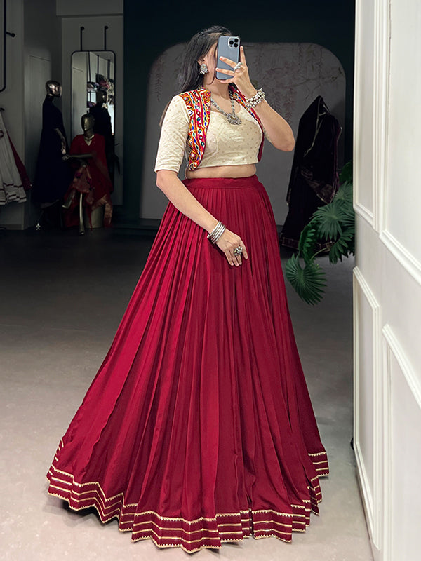 Maroon Embroidery Work Cotton Blouse With Pure Rayon Lehenga