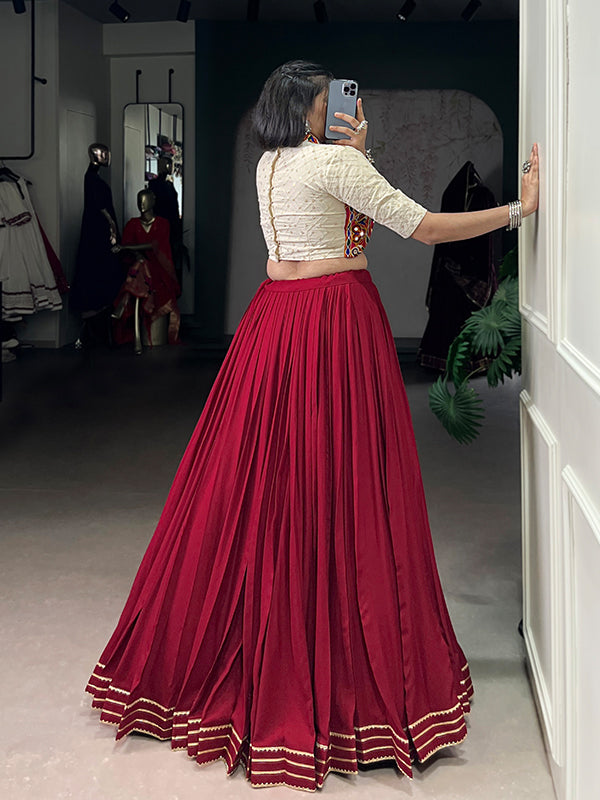Maroon Embroidery Work Cotton Blouse With Pure Rayon Lehenga