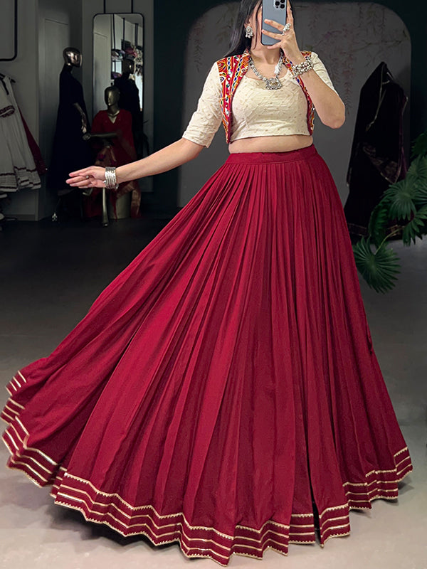 Maroon Embroidery Work Cotton Blouse With Pure Rayon Lehenga