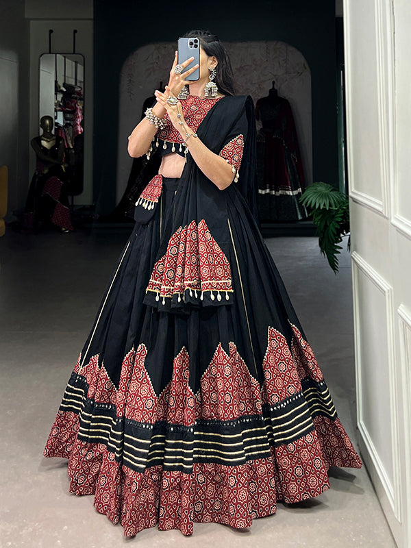 Black Printed Paper Mirror Work Cotton Lehenga Choli With Dupatta