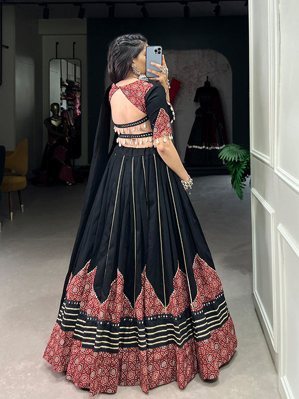 Black Printed Paper Mirror Work Cotton Lehenga Choli With Dupatta