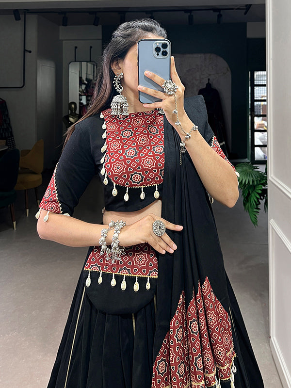 Black Printed Paper Mirror Work Cotton Lehenga Choli With Dupatta