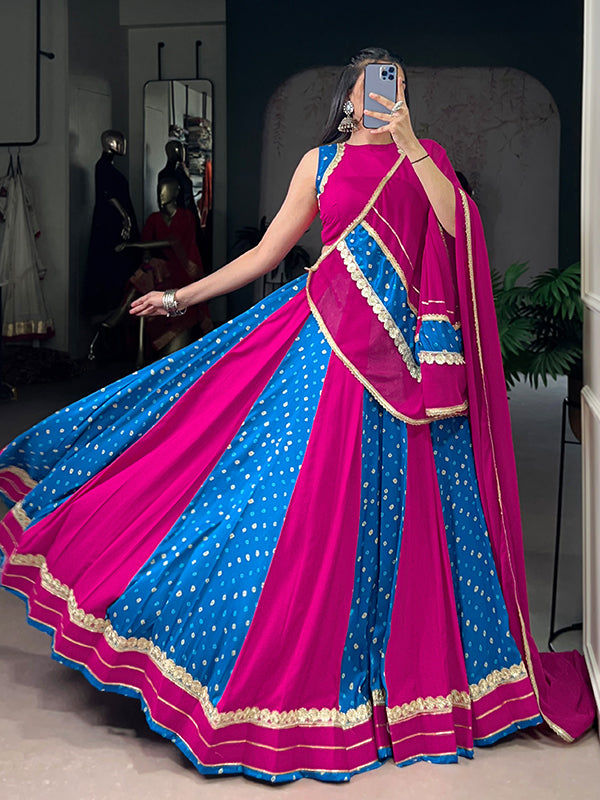Magenta & Blue Bandhej Print Tussar Silk Lehenga Choli With Dupatta