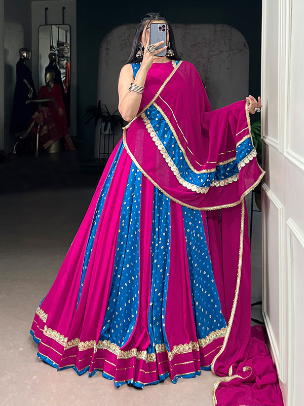 Magenta & Blue Bandhej Print Tussar Silk Lehenga Choli With Dupatta