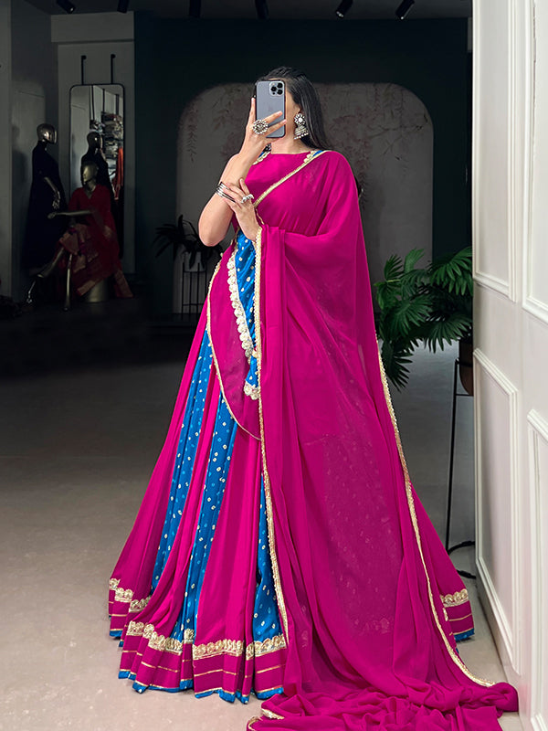 Magenta & Blue Bandhej Print Tussar Silk Lehenga Choli With Dupatta