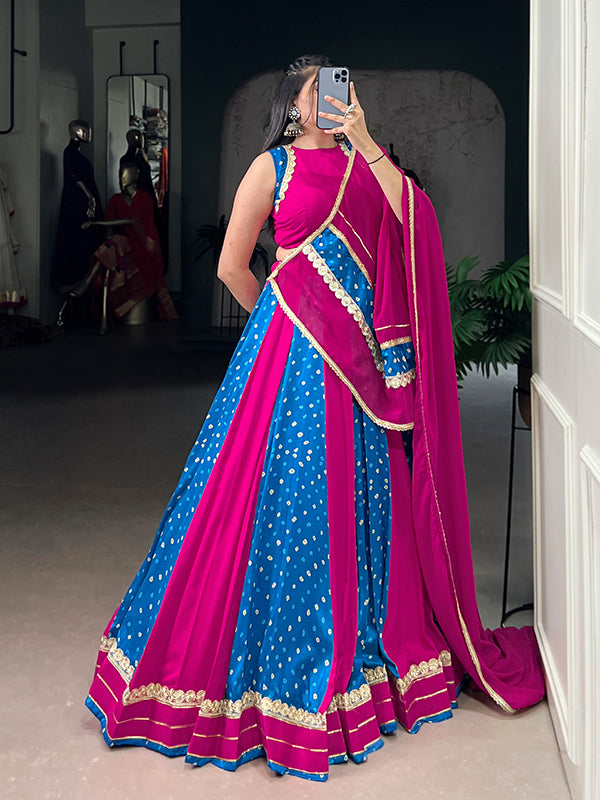 Magenta & Blue Bandhej Print Tussar Silk Lehenga Choli With Dupatta