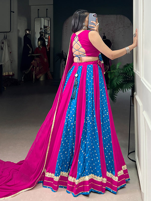 Magenta & Blue Bandhej Print Tussar Silk Lehenga Choli With Dupatta