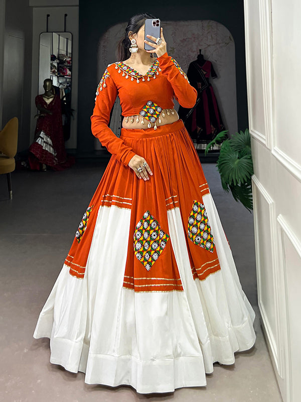 Orange & White Gamthi Patch Work Rayon Lehenga Choli