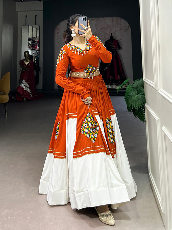 Orange & White Gamthi Patch Work Rayon Lehenga Choli