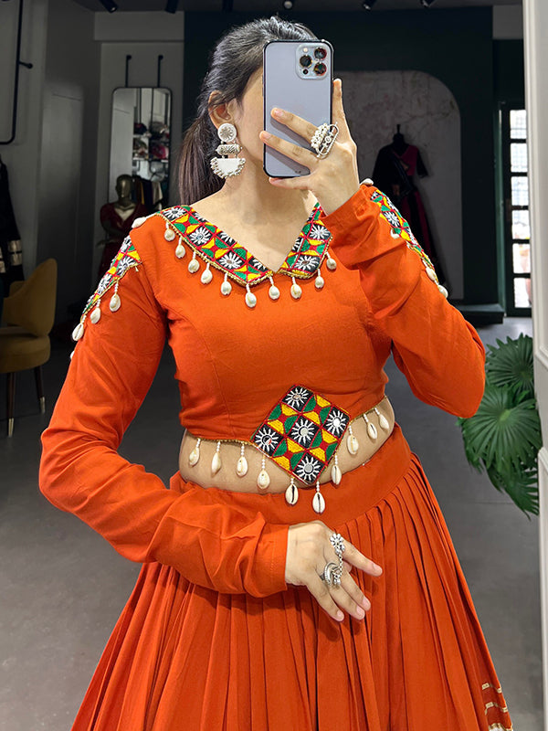 Orange & White Gamthi Patch Work Rayon Lehenga Choli