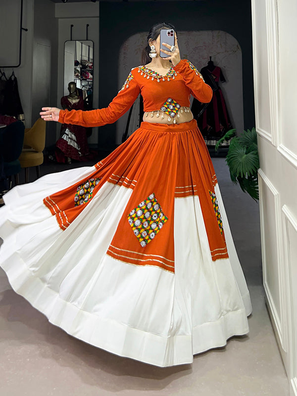 Orange & White Gamthi Patch Work Rayon Lehenga Choli