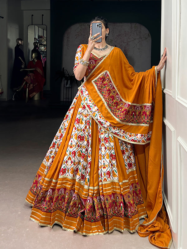 Mustard Yellow Patola Printed Rayon Lehenga Choli With Dupatta