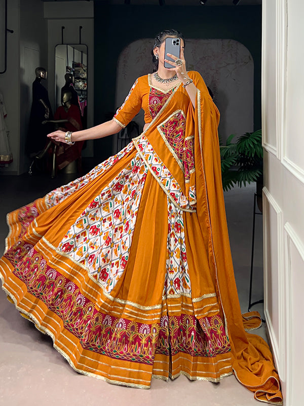 Mustard Yellow Patola Printed Rayon Lehenga Choli With Dupatta