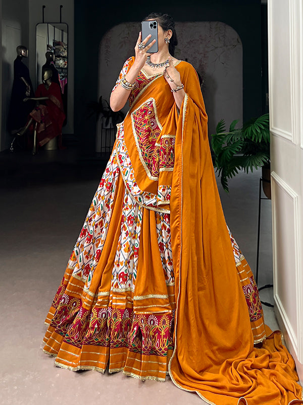 Mustard Yellow Patola Printed Rayon Lehenga Choli With Dupatta