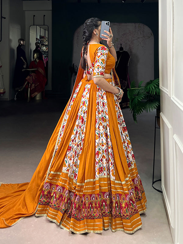 Mustard Yellow Patola Printed Rayon Lehenga Choli With Dupatta