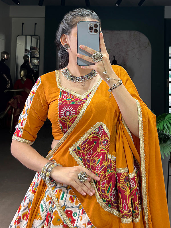 Mustard Yellow Patola Printed Rayon Lehenga Choli With Dupatta