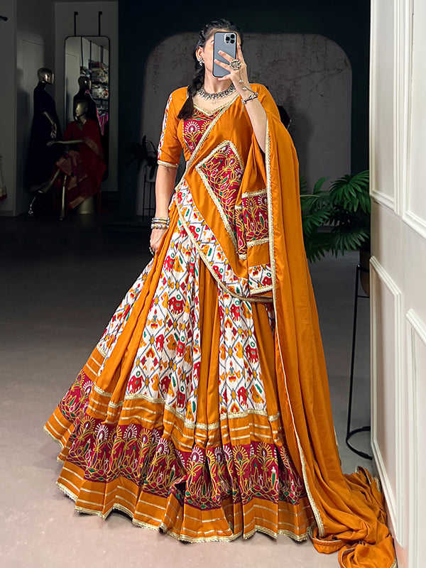 Mustard Yellow Patola Printed Rayon Lehenga Choli With Dupatta