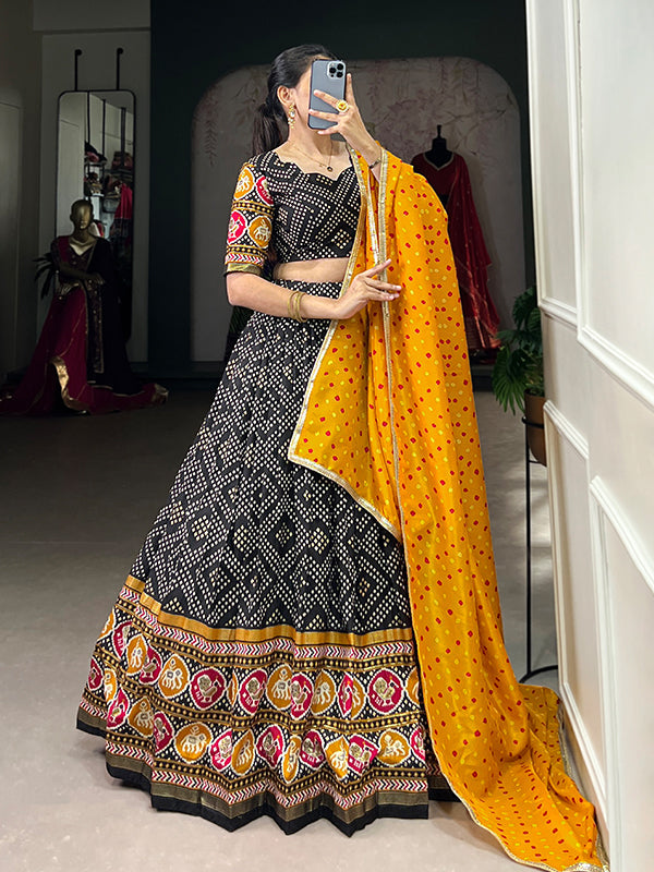 Black Tussar Silk Printed Lehenga Choli With Dupatta