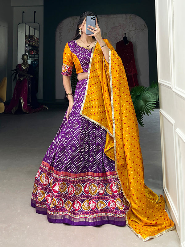 Purple Tussar Silk Printed Lehenga Choli With Dupatta