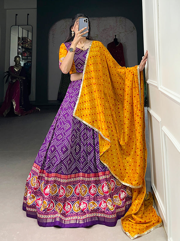 Purple Tussar Silk Printed Lehenga Choli With Dupatta