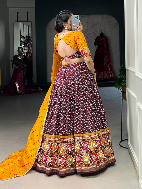 Wine Tussar Silk Printed Lehenga Choli With Dupatta