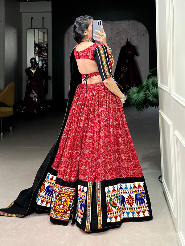 Red Pure Cotton Gamthi Work Lehenga Choli With Dupatta