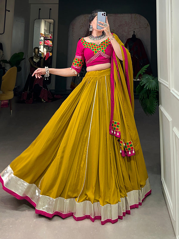 Mustard Yellow Gamthi Work Pure Rayon Lehenga Choli With Dupatta
