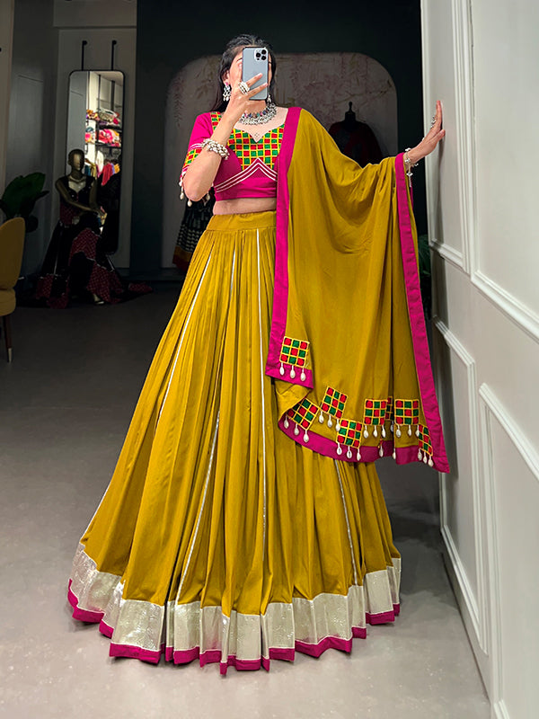 Mustard Yellow Gamthi Work Pure Rayon Lehenga Choli With Dupatta